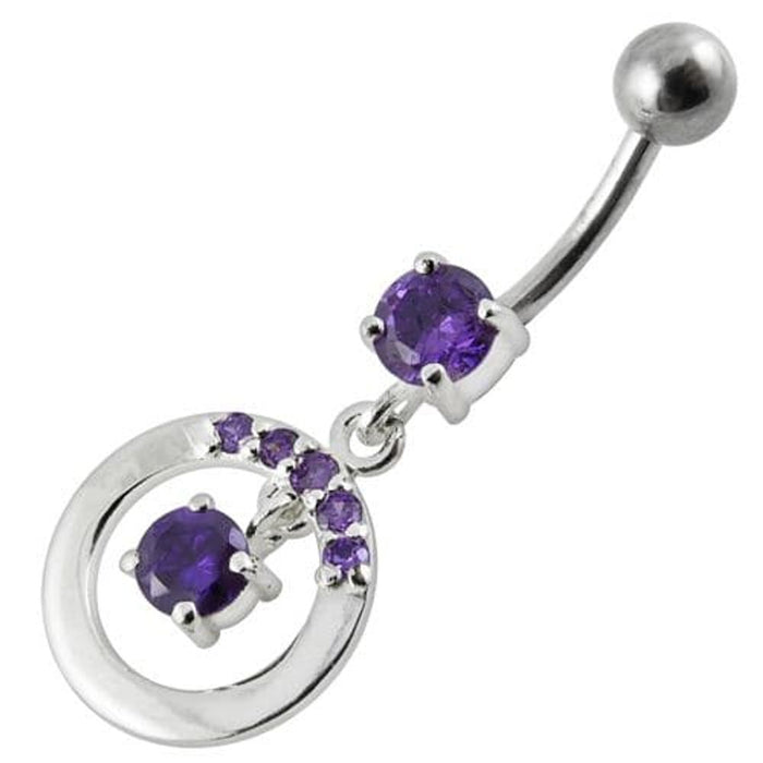 Fancy Jeweled Round With Stone Pendulum Dangling Banana Bar Belly Ring