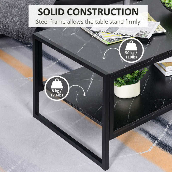 Two-Tier Laminate Marble Print Coffee Table Metal Frame Elegant Style