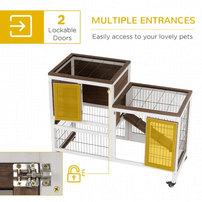 Wooden Rabbit Hutch Bunny Guinea Pigs House Cage Wheels Indoor 110 x 50 x 86cm