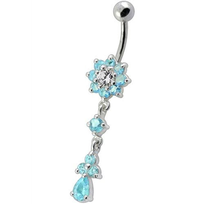 Fancy Jeweled Flower Dangling Curved Bar Belly Ring