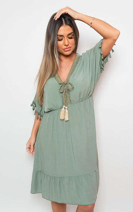 Timeless V-Neck Midi Dress | Tassel Detail | Lightweight | Perfect for any occasion!