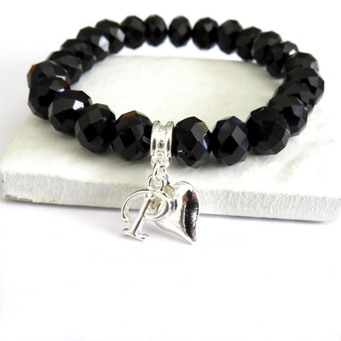 Black Beaded Initial & Heart Charm Bracelet