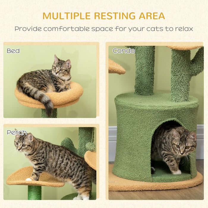 PawHut Cactus Cat Tree 83cm Cat Climbing Tower Kitten Activity Centre w/Cat House, Bed, Sisal Scratching Post, Hanging Toy Ball - Green