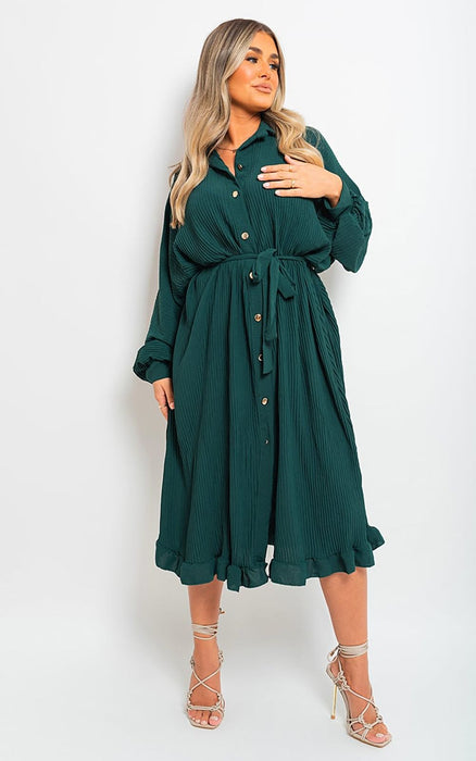 Freya Pleated Frill Button Tie Waist Midi Dress