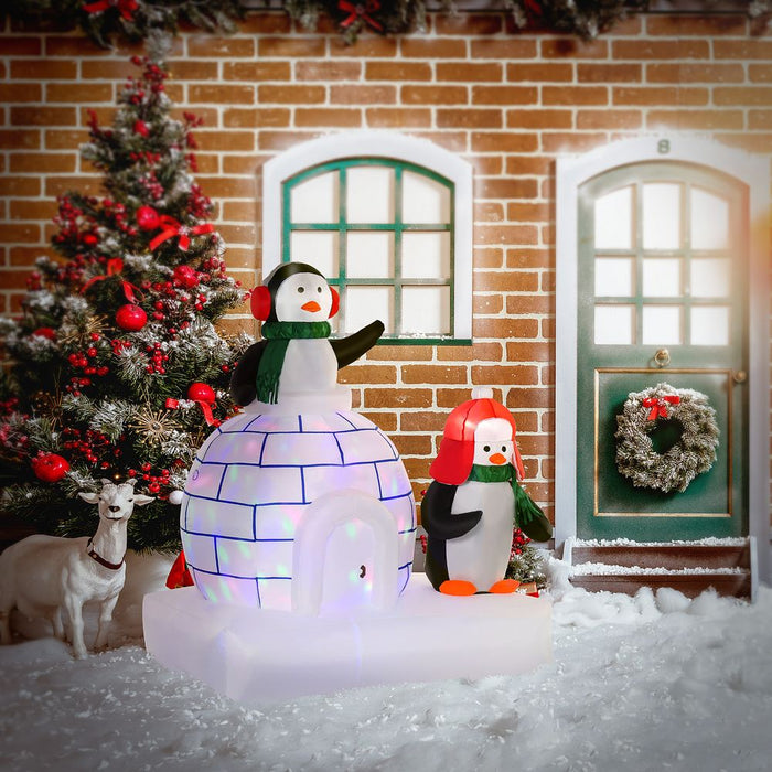 5ft Christmas Inflatable Penguins Wearing a Scarf with Ice House In & outdoors