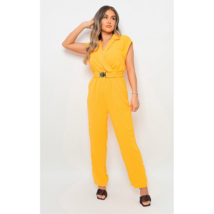 Short Sleeve Wrap Front Belted Jumpsuit