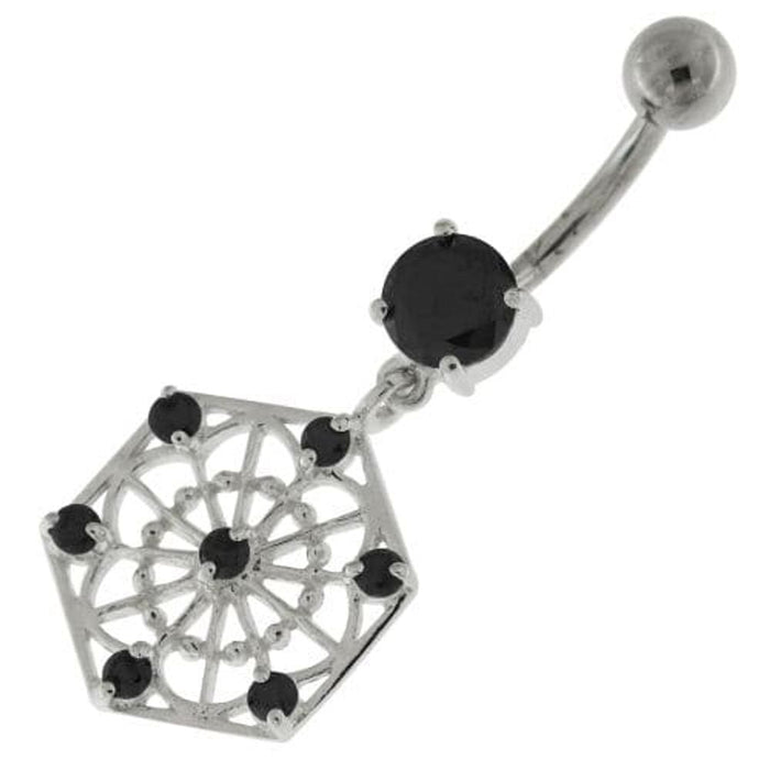 Sterling Silver Jeweled Hexagon Cut out Navel Bar