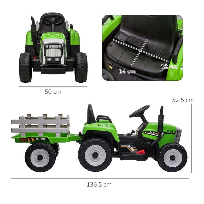 HOMCOM Ride on Tractor with Detachable Trailer, Remote Control, Music - Green