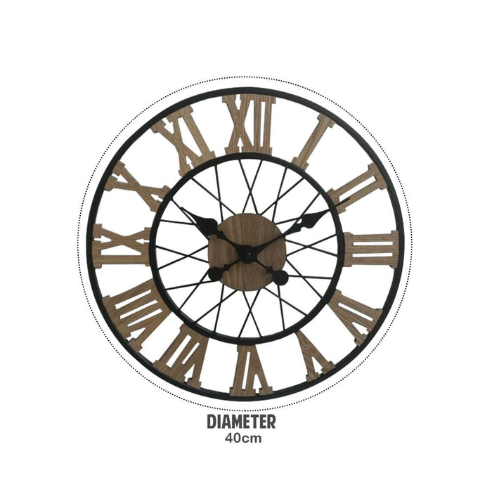 Large Metal Clock - 40CM Wood Design - Vintage Look - Perfect Statement Piece for Any Room - AA Battery Powered