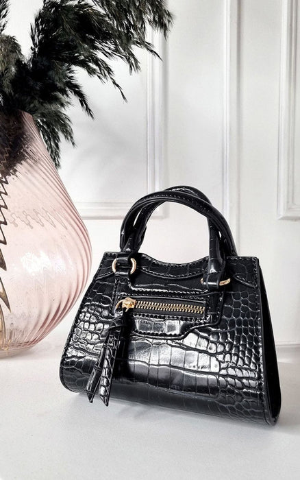 Stylish Croc Print Handbag | Faux Leather | Black