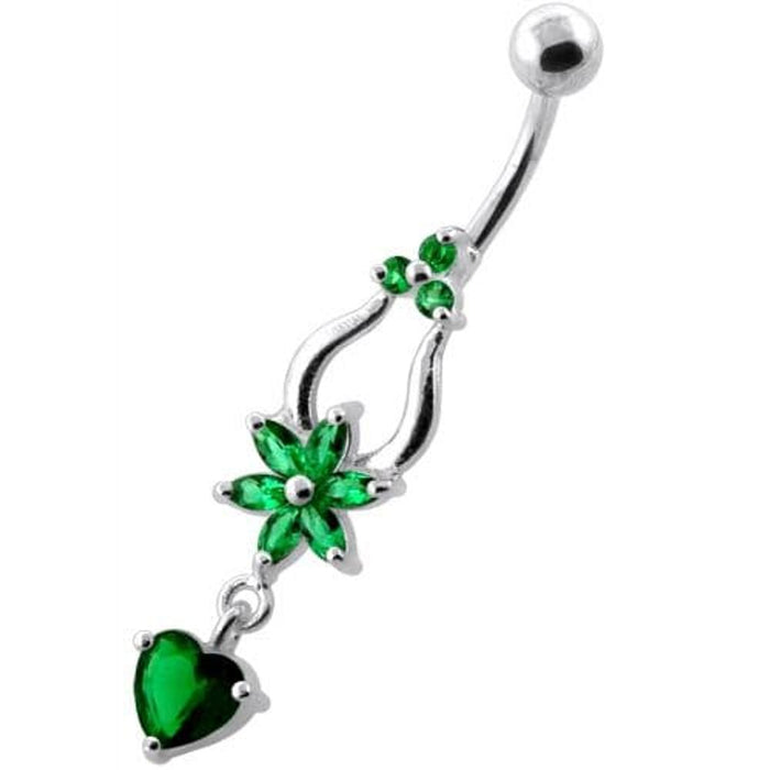 Flower with Heart Dangling Navel Belly Ring