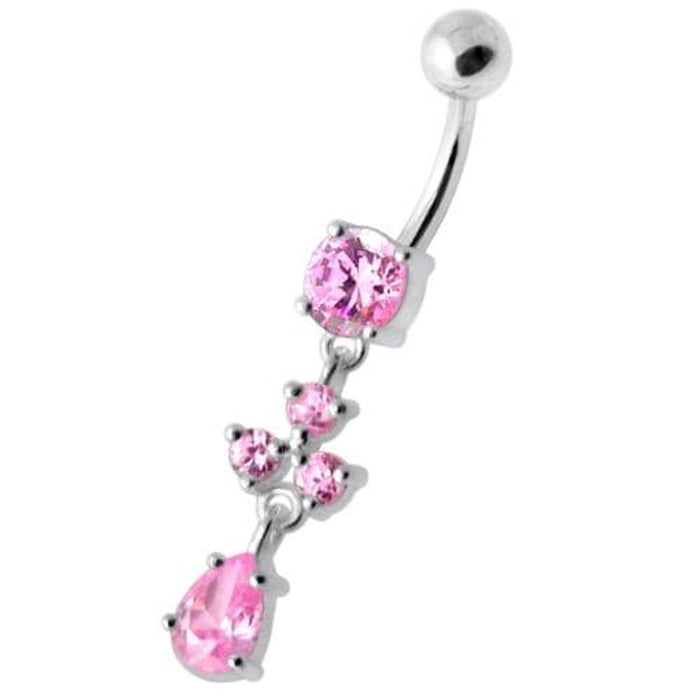 Tri Round Jeweled Dangling Silver Belly Bar