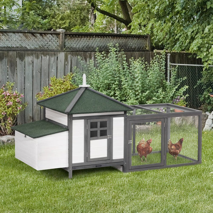 PawHut Chicken Coop with Run Hen House Poultry Coops Cages Pen Outdoor Backyard with Nesting Box 196 x 76 x 97cm Grey