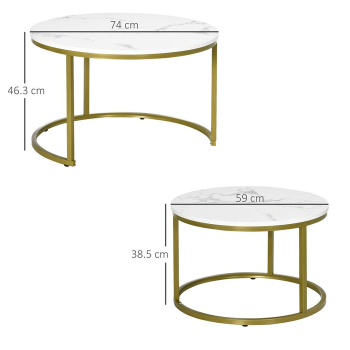 HOMCOM Marble Coffee Table Set of 2, Round Nest of Tables for Living Room