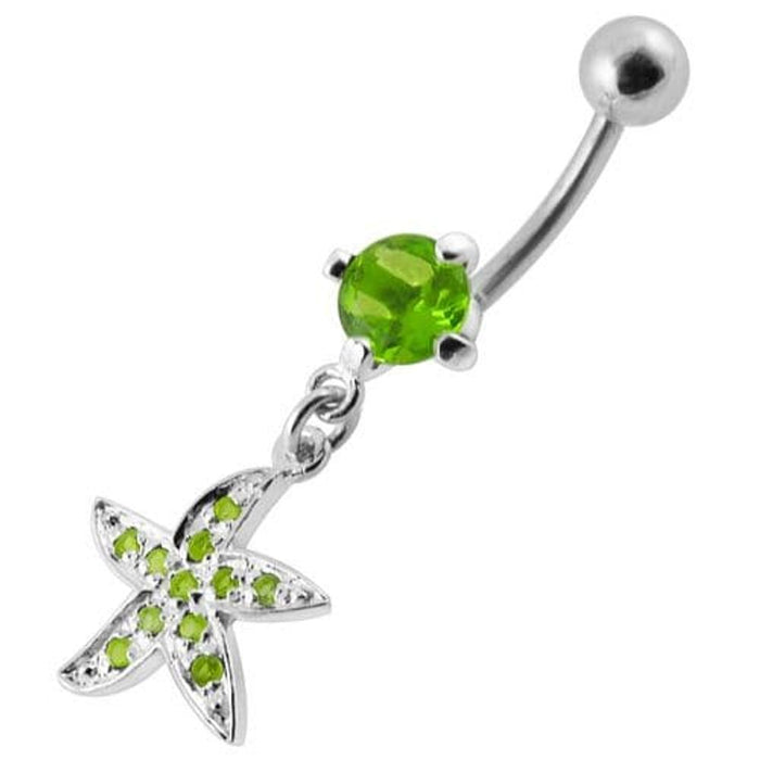 Jeweled Silver Fancy Star Dangling SS Banana Belly Ring 