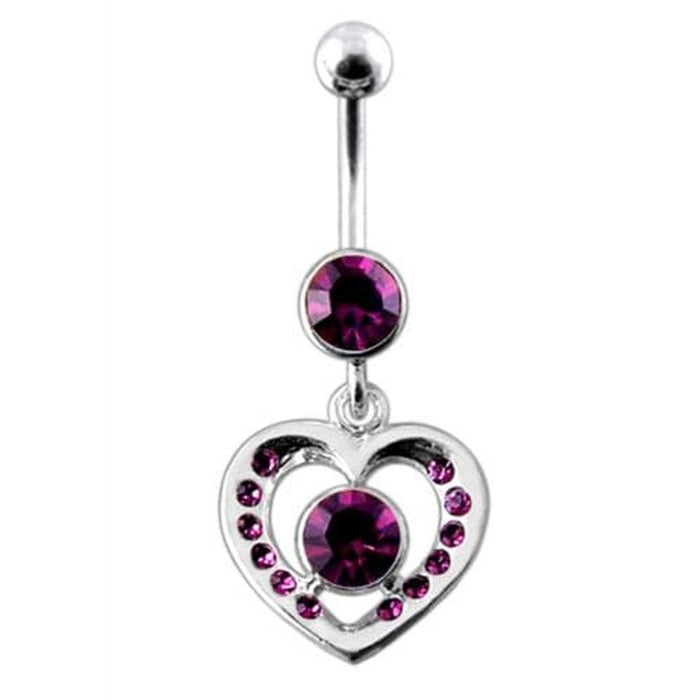 Fancy Jeweled Heart And Centered Stone Dangling Belly Ring Body Jewelry