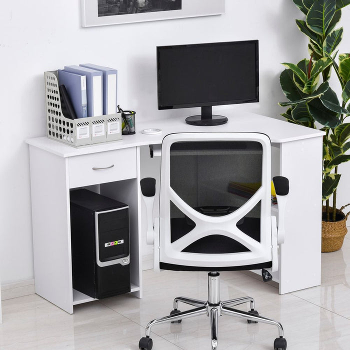 L-Shaped Corner Computer Desk w/ 2 Shelves Worktop Keyboard Tray White