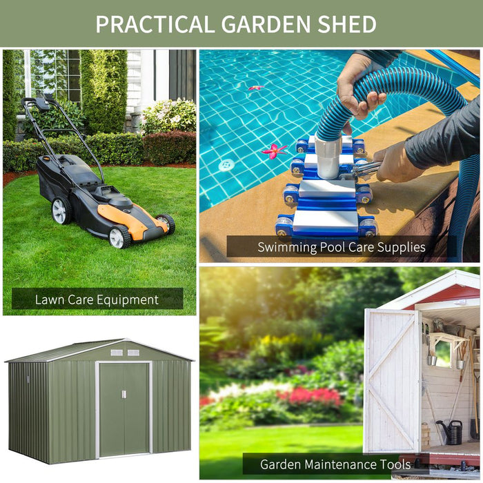 9 x 6FT Garden Metal Storage Shed Tool Box Foundation Vent & Doors  Green