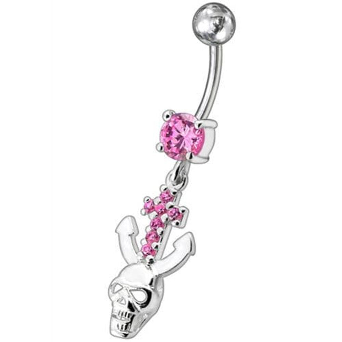 Jeweled Dangling Navel Ring With Fancy Devil Skull