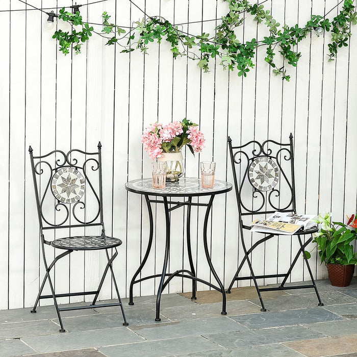 Premium Metal Mosaic Tile Bistro Set - 3 Pc Folding Chairs - Outdoor Garden Furniture