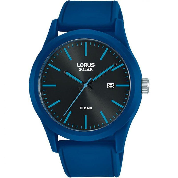 Lorus Mens Sports Solar Black Dated Dial Watch - Blue Rubber Strap RH305AX9