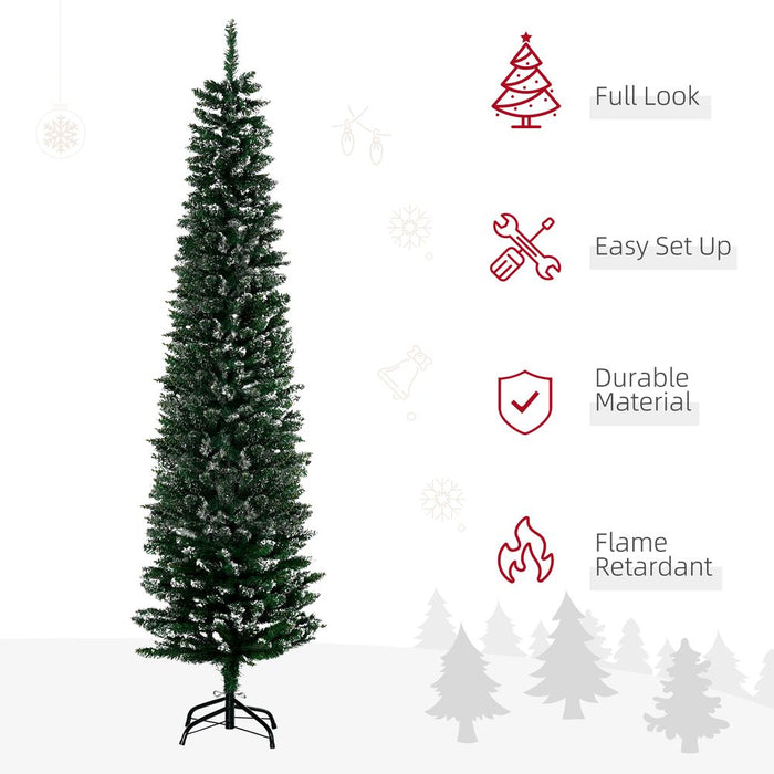 6.5FT Artificial Snow Dipped Christmas Tree Pencil Foldable Black Stand Green