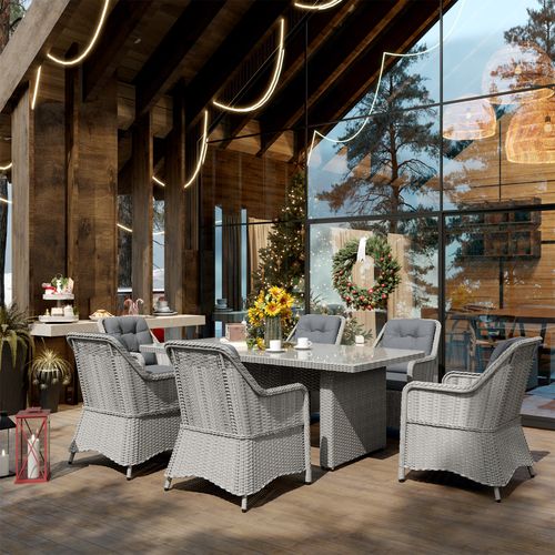 Outsunny 6 Seater Rattan Dining Set with Glass Top Table and Cushions, Grey