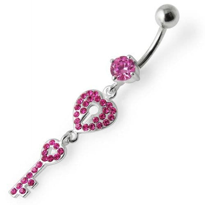 Fancy Jeweled Hear Key Dangling Navel Ring