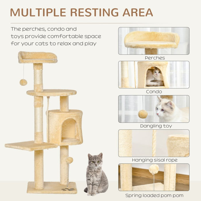 PawHut Cat Tree for Indoor Cats Pet Activity Centre Kitty Condo Climbing Scratching Post with Toys 4-tier 114cm Tall Beige