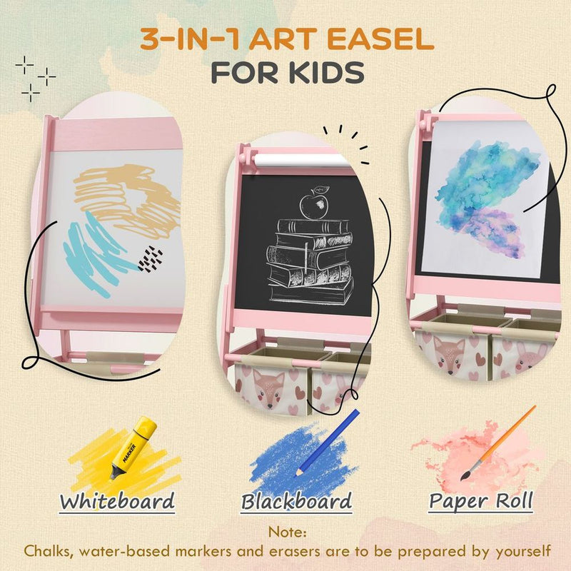 AIYAPLAY Kids Easel with Paper Roll, 3 in 1 Art Easel for Children, with Blackboard, Whiteboard, Storage Baskets, Pink
