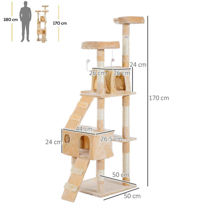 PawHut Cat Tree for Indoor Cats, 170cm Cat Tower Scratching Post Tall Climbing Tower, Activity Centre House - Cream