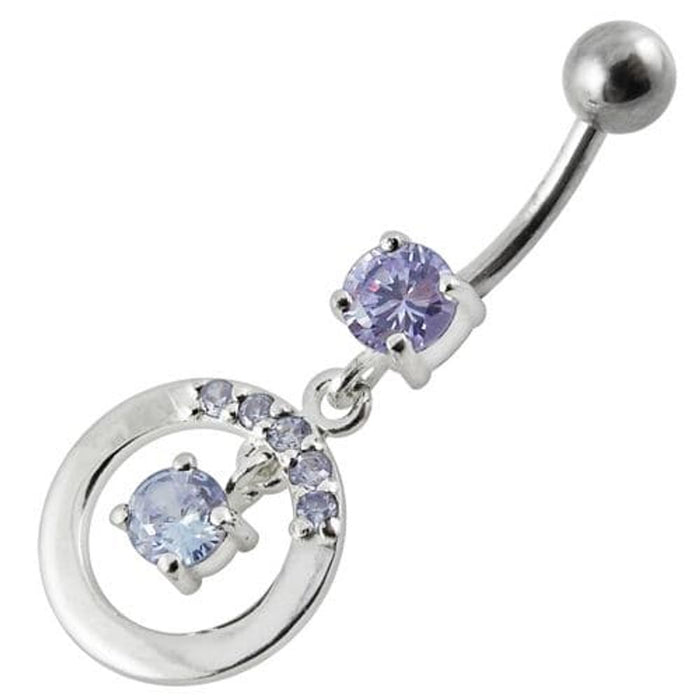 Fancy Jeweled Round With Stone Pendulum Dangling Banana Bar Belly Ring