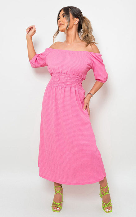 Off Shoulder Shirred Waist Mini Dress: Turn Heads with Effortless Style & Femininity. Perfect for Summer Days/Nights. Various Vibrant Colors. Made from High-Quality Fabric. Dress Up or Down for Endless Possibilities. Be Stylish, Comfortable & Chic.