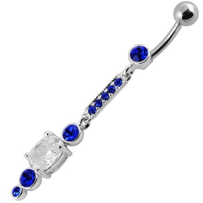 Silver Jeweled Fancy Dangling SS Bar Banana Navel Ring