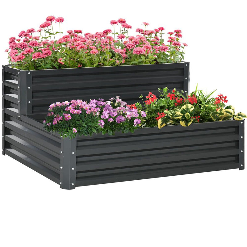 Outsunny Galvanised Raised Garden Bed - 2 Tier, Dark Grey - Open Bottom - High Quality