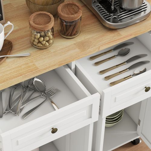 HOMCOM Rolling Kitchen Island Cart with Rubber Wood Top, Spices Cream White