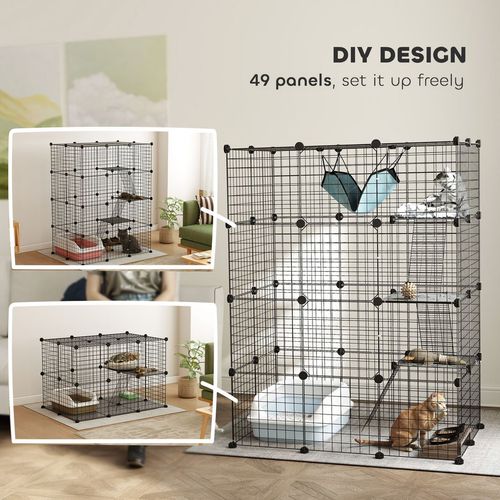 PawHut 4-Tier Cat Cage Indoor, DIY Cat Playpen with Hammock, Ramps, 5 Doors