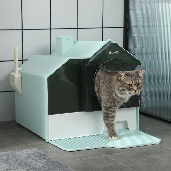 PawHut Hooded Cat Litter Tray: Scoop, Drawer, Handle, Deodorants - Light Blue