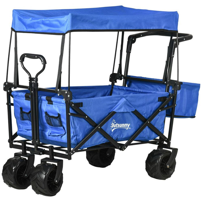 Trolley Cart Storage Wagon 4 Wheels w/ 2 Compartments Handle, Canopy, Blue