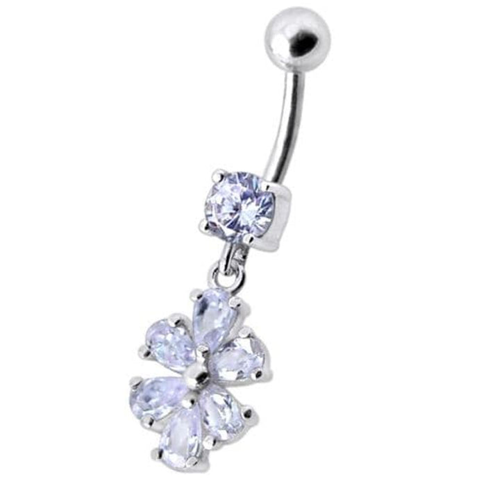 Fancy  Flower Jeweled Silver Dangling With SS Bar Navel Ring