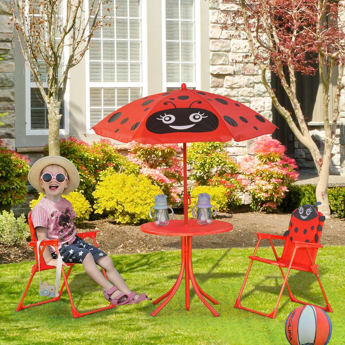 Kids Ladybug Picnic Table & Chair Set with Umbrella - Outdoor Portable Folding Furniture - Ages 3-5