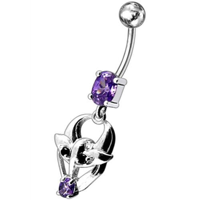 Fancy Jeweled Gothic Skull Silver Dangling With SS Bar Belly Ring