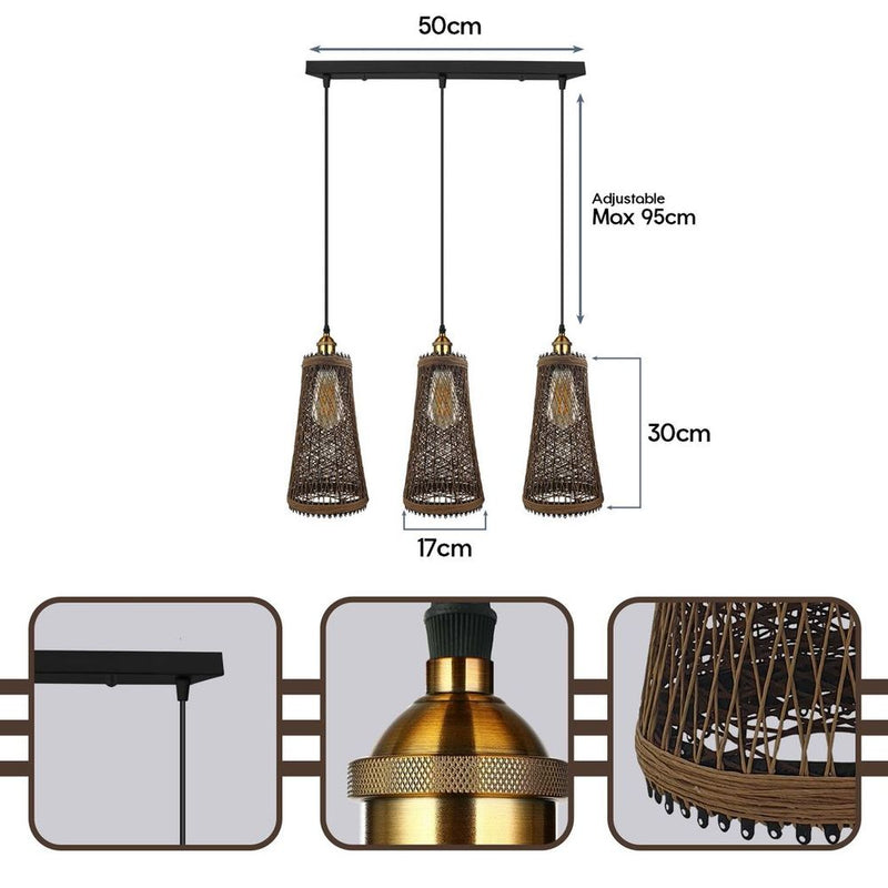 Retro Industrial Vintage Rattan Ceiling Pendant - 3 Head Natural Wicker Basket Style - High-Quality Materials - Dimmable - Free Shipping