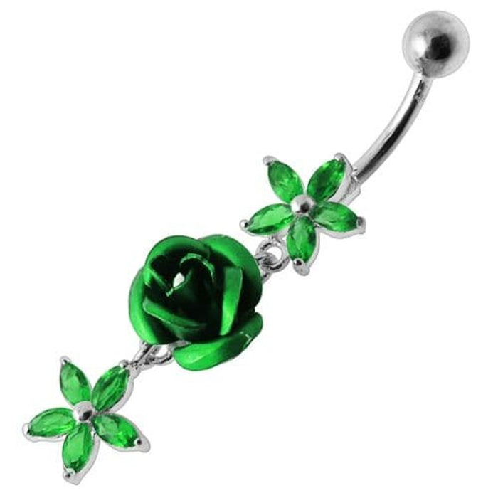 Center Rose Jeweled Dangling Belly Ring