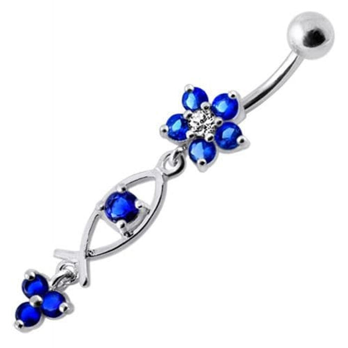 Silver Fancy Jeweled Dangling Flower With SS Banana Bar Navel Ring