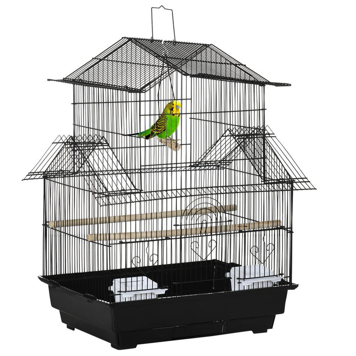 High-Quality Metal Bird Cage w/ Plastic Perch & Food Container - 50.5x40x63cm - Black