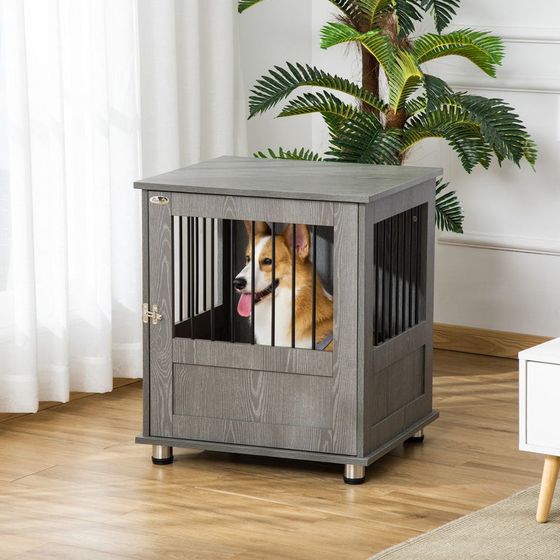PawHut Dog Crate Furniture End Table, Pet Kennel for Small Dogs with Magnetic Door Indoor Animal Cage, Grey, 60 x 55 x 70 cm