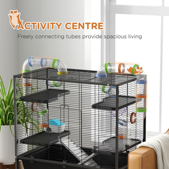 PawHut Large Hamster Cage, Rat Cage with Wheels, Tubes, Storage Shelf, Ramps