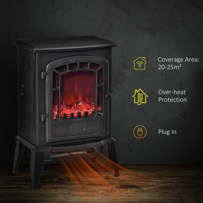 HOMCOM Free standing Electric Fireplace Stove, Fireplace Heater with Realistic Flame Effect, Overheat Safety Protection, 1000W/2000W, Black
