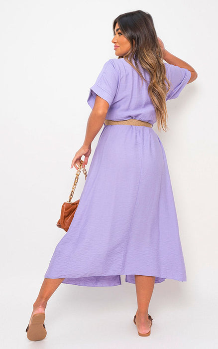 Syeda Button Down Collared Dress: Chic & Fashion-Forward Midi with Belt Detail